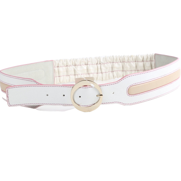 White Leather Elastic Waist Belt Size L Stretch High Waist Cinch Accessory Chic main image 5